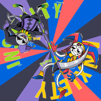 Jevil from Deltarune and Pomni from The Amazing Digital Circus